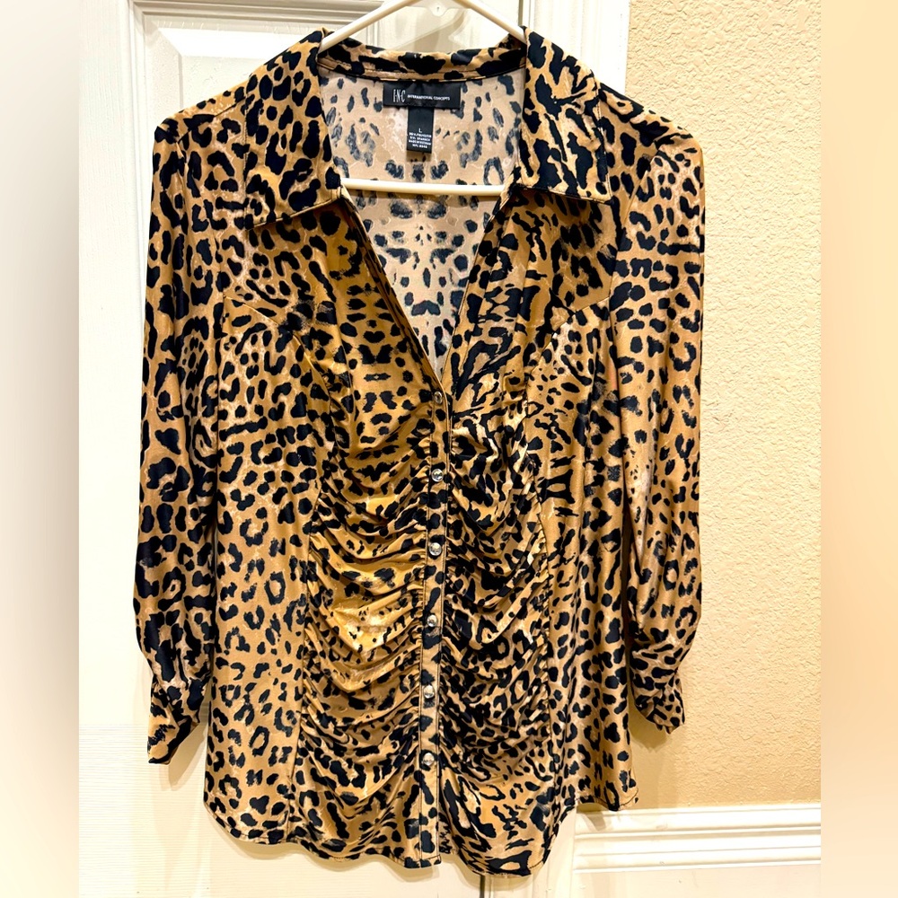 Leopard print ladies button up blouse- size L